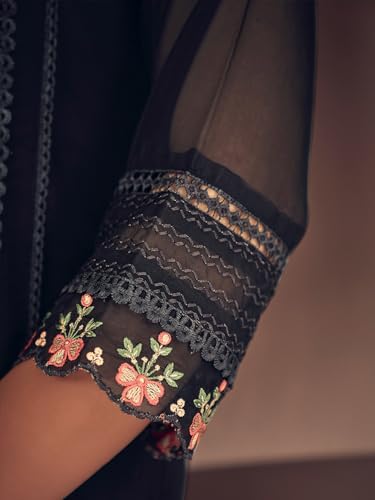 Image of INDO ERA Women Black Embroidered Straight Kurta Trousers With Dupatta set