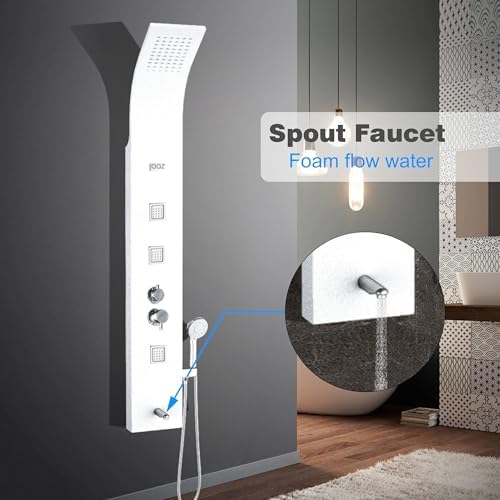 Image of JAAZ | Imperial White Shower Panel Tower System | 3 Body Jets, Tub Spout & Hand Shower with 3 Modes | Adjustable Knobs | Bathroom Shower Set