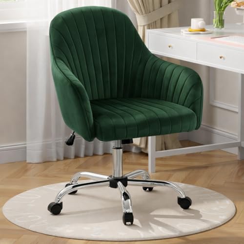 Image of AZAKEE Velvet Office Chair with Wheels & Armrests - Mid-Back Swivel Desk Chair for Home Office, Study, Bedroom & Vanity - Adjustable Height, Comfortable & Stylish (Green)
