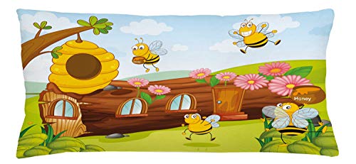 Lunarable Cartoon Throw Pillow Cushion Cover, Nursey Bees and Flowers Honeycomb Shapes Nature Inspired Image Art, Decorative Square Accent Pillow Case, 36