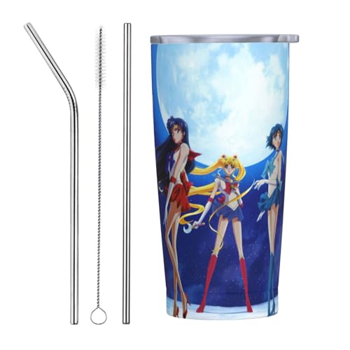 セーラームーン ストロー&ストローブラシ付き マグカップ コーヒーカップ 600ML コンビニカップ タンブラー ステンレス製 保冷 保温 車用 蓋付き 持ち運び 水筒 大容量 直飲み 人気 プレゼント Straw Three-piece Set