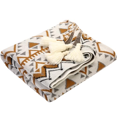 GXIHOUSLGC Orange Pattern Toile Boho Throw Blanket,Knitted Tassel Throw Blanket,Soft Lightweight Air Conditioning Blanket for Sofa Couch Bed and Living Room- All Seasons(Yellow Orange)