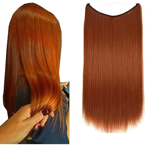 iLUU Synthetic Heat Resistent Fiber Hair Extensions Wigs 22inch 80g #119 Orange copper Red Color Thick Hidden Wire Secret Fish Line Invisible Wire Straight Hair Extensions Cover