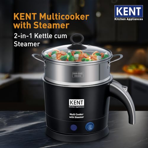 Image of KENT Electric Multicooker /Kettle with Steamer 1.2L 800W | Boiling of Water, Tea,Eggs, Instant Noodle Maker, Steaming idlis, Momos & Vegetables | Inner Stainless Steel & Cool Touch Outer Body | Black