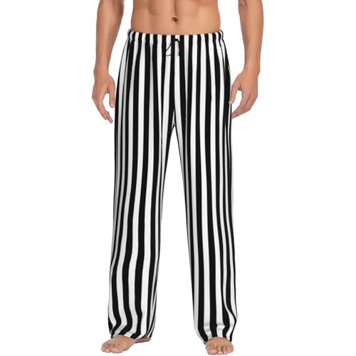 Mens Pajama Pants - Black White Stripe Print Soft Sleep Lounge Pants For Men, Casual Pj Bottoms With Pockets4