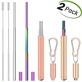 Paille Reutilisable, Paille à Boire Métal Pliable en Acier Inoxydable avec étui de Voyage, Brosse de Nettoyage et Mousqueton, Paille Portable Télescopique pour le Domicile, le Bureau (Or/Or Rose)