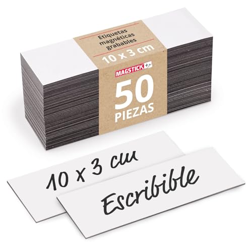 Magstick 50 etiquetas magnéticas borrables y reutilizables I 10 x 3 cm blancas I para estanterías oficina escuela y taller I para escribir con rotulador no permanente I mag815