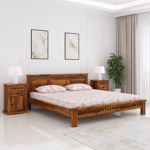 Image of SONA ART & CRAFTS Kuber Solid Sheesham Wood Queen Size Platform Bed Without Storage | Wooden Queen Size Cot Bed | Double Bed for Home - Natural Finish (Assembly Included)