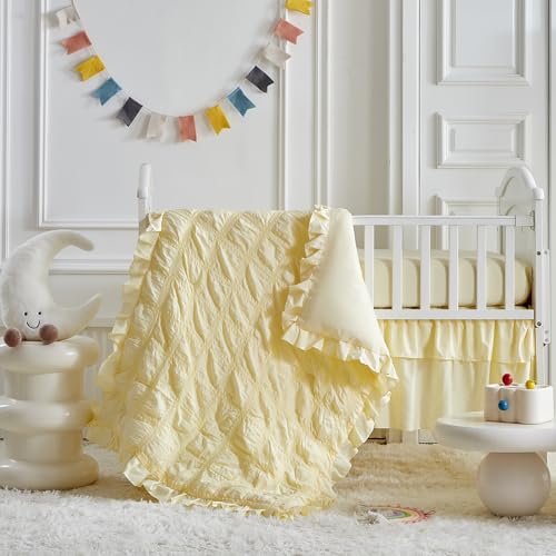 Image of Ruffled Crib Bedding Set Baby Boho Quilted Comforter with Fitted Sheet and Bed Skirt - Cute Soft Breathable Seersucker Ruffled Shabby Chic Bedding Soft Blanket Design - Yellow
