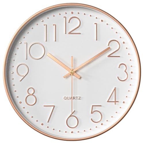 Reloj de pared silencioso de cuarzo de oro rosa, 12, sin tictac, números grandes, diseño de oro blanco y rosa para oficina o hogar
