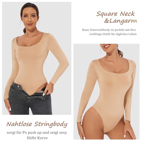 ONEW Damen Langarm Body Eckiger Ausschnitt Bodysuit Oberteil Basic Square Neck Unterziehbody Shirt für Frauen – Bild 2