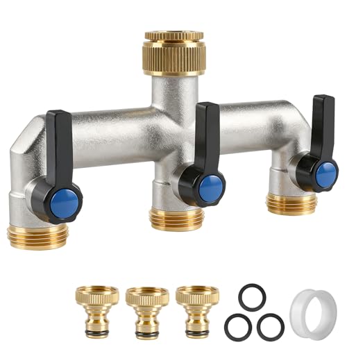 EXLECO 3 Wege Messing Wasserverteiler G3/4' Wasserhahn Ventil mit 1/2' Adapter, Wasseranschluss Verteiler mit Metall Griff, Gartenwasserhahn Anschluss, Messing Schlauchverbinder für Hof Waschmaschine