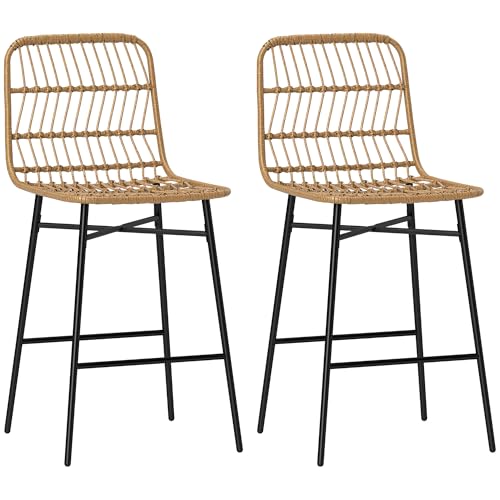 HOMCOM Conjunto de 2 Taburetes Altos de Cocina Taburetes de Bar con Respaldo y Asiento de Ratán Carga 120 kg Sillas de Bar Modernas para Cocina Comedor Marrón