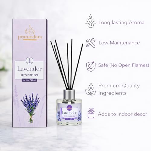 PRAMODAM Lavender Reed Diffuser Set 60 ml | 6 Fiber Reed Sticks 8" | Stress Relief & Aromatherapy | Long-Lasting, Smoke-Free Air Freshener for Home, Bedroom & Office | Ideal for Gifting 6 416dirCY96L