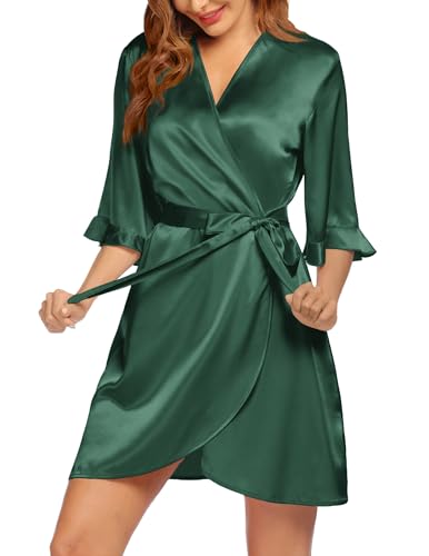 Image of Ekouaer Women's Satin Robe Valentines Lingerie for Women Kimono Bathrobe Short Ruffle Belted Robes Bridesmaids Sleepwear