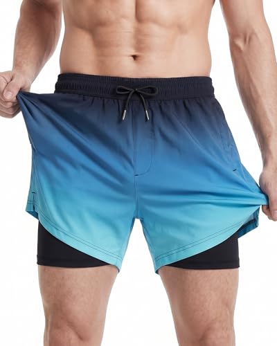 MaaMgic Herren Badehose mit Kompression Badeshorts 2 in 1|14cm Innenlänge Schnelltrocknend lässige Swim Shorts Kurz Boardshorts mit Innenhose Reißverschlusstasche XS-XXL,07 Farbverlauf Eisblau,L 1