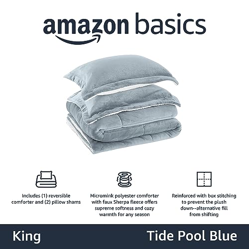 Image of Amazon Basics 3-Piece Micromink Sherpa Bedding Set, Ultra-Soft Down Alternative Comforter, Warm All Season, King, Tide Pool Blue