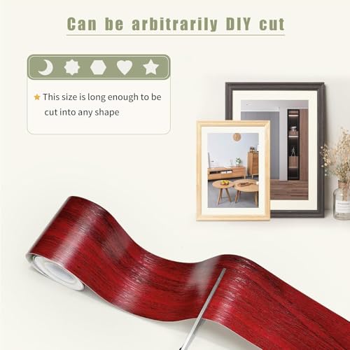 Image of Red Cherry Colour Wood Border Wallpaper Peel and Stick Wooden Contact Paper for Countertops Border, Wall Corners Stickers and Wall Decor Waterproof Self Adhesive 4x240 Inch