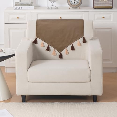 Image of HOKIPO Premium Holland Velvet Sofa Backrest Cover with Tassels - 'TasselTone Series', Warm Taupe (IN-1103-BRN)