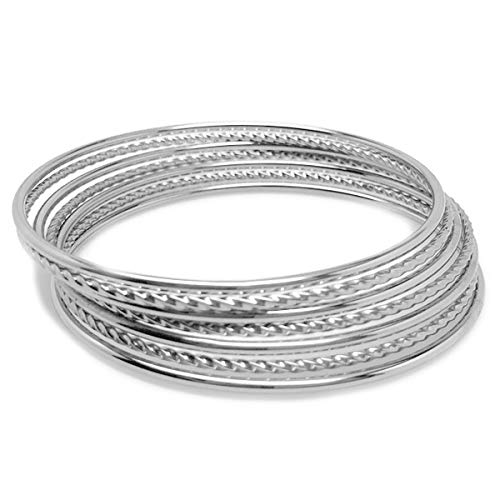 Loralyn Designs Thin Silver Stainless Steel Textured Bangle Bracelet Set of 7 (L - 9