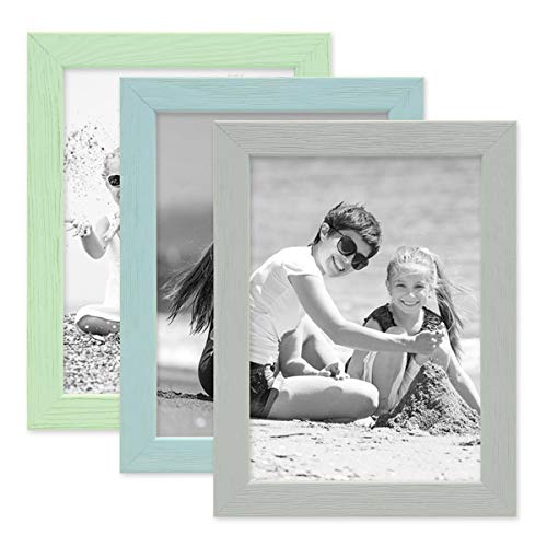 PHOTOLINI 3er Set Bilderrahmen Grün Blau Grau 13x18 cm Massivholz mit Acrylglasscheibe/Fotorahmen/Wechselrahmen