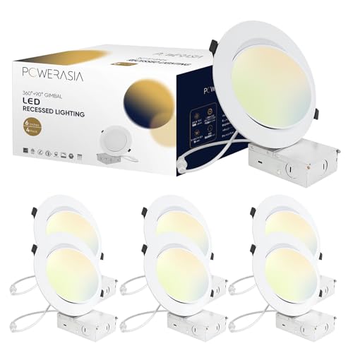 4 Pack 6 Inch Gimbal LED Recessed Lighting with Junction Box 5CCT 2700K-6000K Selectable 360+90 Adjustable Directional Eyeball Light 15W 1300LM Slim Canless Downlight - ETL and Energy Star