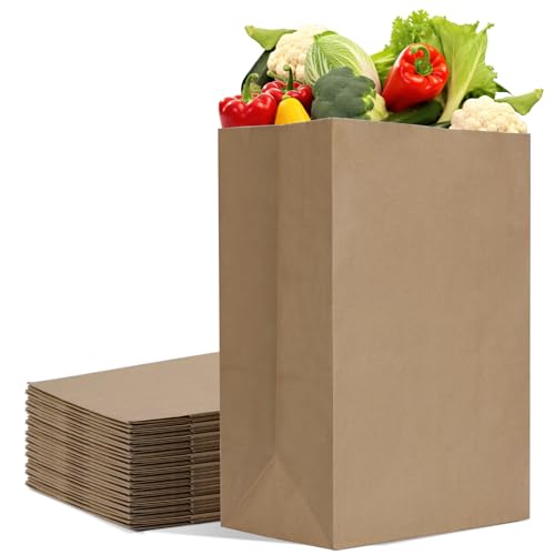 MESHA Paper Grocery Bags 12 x 7 x 17 Inches 25Pcs Bulk Heavy Duty 60 Lbs Kraft Brown Paper Bag Large Grocery Kraft Sacks -Takeout Restaurant Retail Shopping