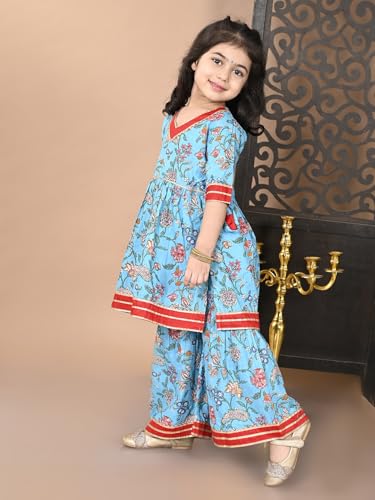 Image of superminis Girls Cotton Floral Printed Gota Patti Work Half Sleeves Sharara Suit