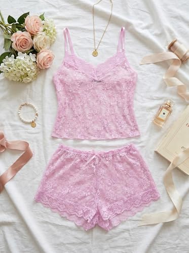 Image of Avidlove Sexy Pajama Set for Women Floral Lace Lingerie Set Sheer Sleepwear See Through Cami Shorts 2 Piece