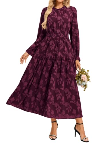 GRACE KARIN Women's Long Sleeve Maxi Dress Boho Floral Fall Wedding Guest Dresses Flowy Party Outfit with Pockets Wine S