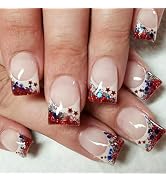 24Pcs 4th of July Press on Nails Short Square Nails French Tip Fake Nails with Glitter Independen...