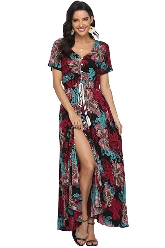 Image of VintageClothing Women's Floral Maxi Dresses Boho Button Up Split Summer Casual Long Dress Beach Party Dress