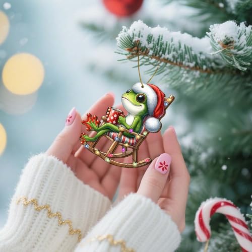 365RUSTIC Santa Frog Christmas Tree Keepsake Ornaments, Funny Animal Themed 2 Side Printed Flat Wooden Ornament, Xmas Hanging Decor