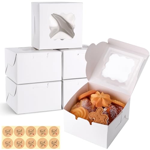 VGOODALL 15PCS White Bakery Boxes, Mini Cake Boxes Cookie Box with Window Small Treat Boxes 4" for Cookies Pastries Donut Stickers Included