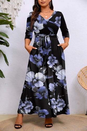 Image of Runwind Plus Size Dress for Women - 3 /4 Sleeve V Neck Maxi Dresses for Women (XL-6XL)