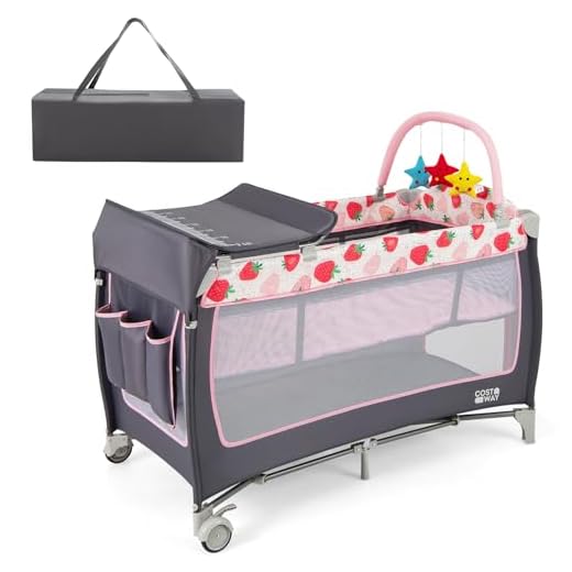 COSTWAY 4 in 1 Foldable Travel Cot, Portable Baby Bed Playard with Bassinet, Changing Table, Canopy, Music Box, Wheels, Carry Bag, Storage Rack, Nursery Center for Newborn Toddlers (Dark Gray+Floral) 25 COSTWAY 4 in 1 Foldable Travel Cot, Portable Baby Bed Playard with Bassinet, Changing Table, 3 Hanging Toys, Lockable Wheels & Carry Bag, Infants Nursery Center Crib for Newborn (Strawberry Pink)