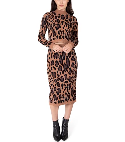 Paris Hilton Women's Mock Neck Sweater and Sweater Pencil Skirt Outfit Y2K Set, Leopard Animal Print