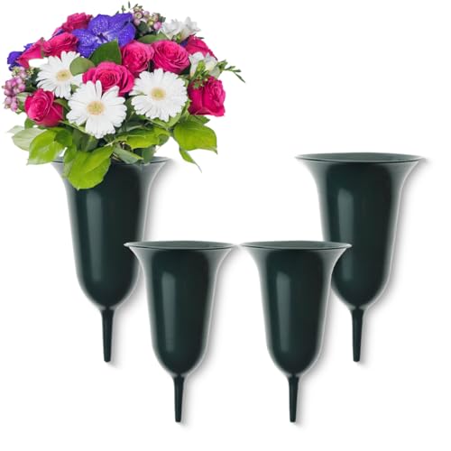 matches21 HOME & HOBBY Grabvasen zum Stecken als frostsichere Grabdeko - Grüne Friedhofs-Vasen 4er in 25, 30 cm als wetterfester Kunststoff Grabschmuck - Erdspieß Blumenvasen als schöne Steckvasen