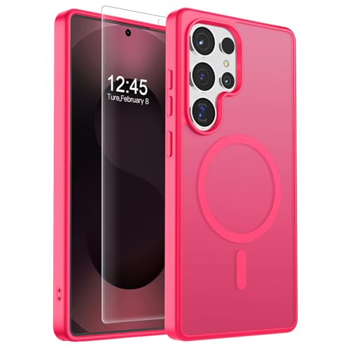 Image of SUPFINE Magnetic for Samsung Galaxy S25 Ultra Case with Screen Protector, (Built-in Magnets) (Military Grade Drop Protection) Slim Translucent Shockproof Phone Case,Hot Pink