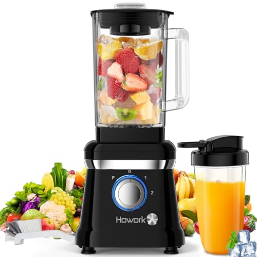 Howork Batidora de Vaso 1200W Licuadoras para Zumos y Batidos 1.6L Licuadora para Verduras y Frutas, 2 Funciones de Velocidad + Pulso, 6 Cuchillas de Acero Inoxidable, con Taza Portátil de 400ml y Cep