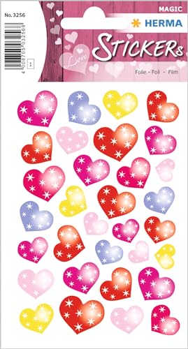 HERMA 3256 Lot de 32 petits autocollants en forme de cœur à paillettes en forme de cœur pour Saint-Valentin, amour, mariage, anniversaire, scrapbooking, décoration, cadeau, lettres, bricolage