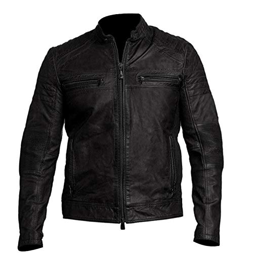 Image of Men's Leather Jacket Cafe Racer Biker Style Retro Stripes Jacket, Motorcycle Racing Leather Jacket Men
