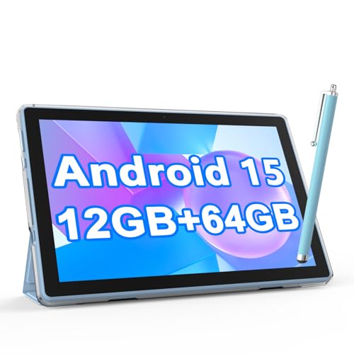 Image of NOVOJOY Tablet 10 Inch Android Tablets with Case and Stylus Android 15 Tablet with Cover 2MP+8MP Dual Camera 6000mAh Battery 12GB RAM(4GB+8GB Expansion) 64GB ROM 5Gwifi-6 10.1 inch Tablets (Blue)