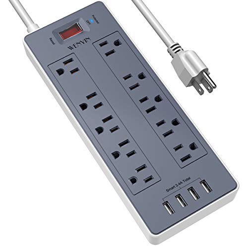 Surge Protector, WENYIN Power Strip with 10 Outlets and 4 USB Ports, Heavy Duty 8 Feet Flat Plug Extension Cord (1875W/15A) for Multiple Devices Smartphone Tablet Laptop Computer, ETL Listed