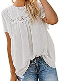 Paitluc Blouses for Women Swiss Dot Crewneck Lace Crochet Pom Pom Flowy Tops White M