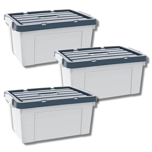 Image of Ash & Roh Multi-Size Plastic Storage Boxes with Secure Latching Lids, Stackable Storage Boxes for Home Organization, Bedroom, Kitchen, or Utility Room (pack of 3, Medium - 42cm X 30cm X 25cm)