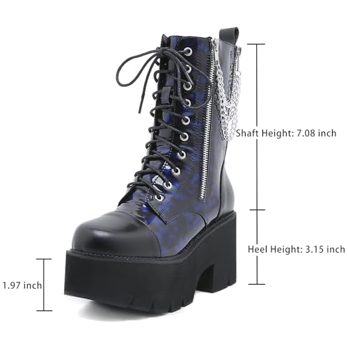 Women's Patent Leather Block Heel Platform Motorcycle Boots Fashion Chain Round Toe Lace Up & Zipper Anti-slip Goth Mid-Calf Boots Punk Y2k Short Boots4