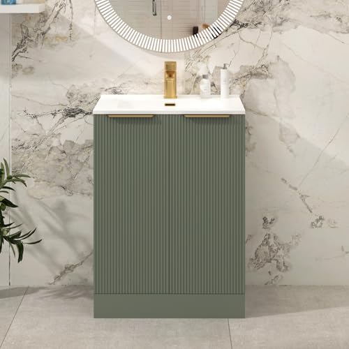Royal Bathrooms Evora 600mm Satin Green Fluted Floor Standing Bathroom Vanity Unit 2 Door with Ceramic Basin & Brushed Brass Handle