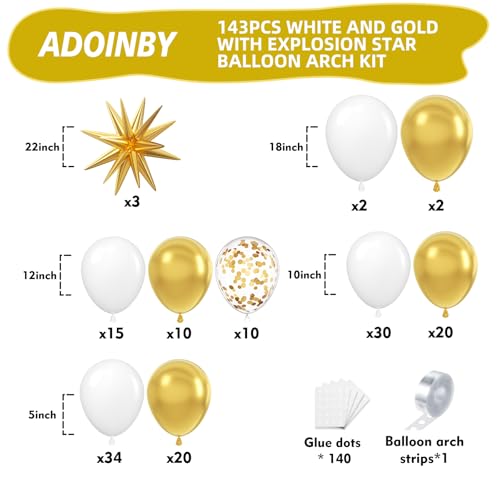 Image of White and Gold Balloon Arch Kit, 146Pcs Explosion Star White Metallic Gold Latex Balloon Garland kit, 22 18 12 10 5 Inch Different Size Balloons for Anniversary Birthday Engagements Party Decorations
