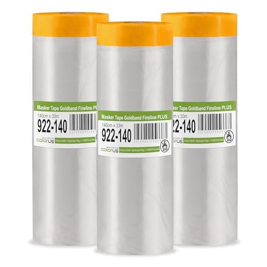 3 x Colorus Goldband Masker Tape PLUS | Malerband mit Abdeck-Folie 140 cm x 33 m | Abdeckband mit HDPE-Folie, Innen und Außen | Scharfe Farbkanten | Selbstklebende Malerfolie mit Abklebeband
